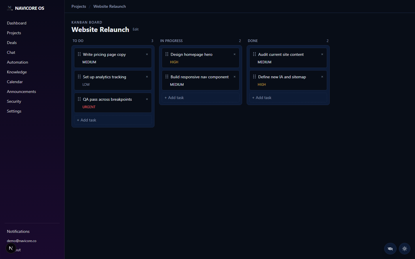 NAVICORE OS Work Management module: a Kanban board with task cards grouped into status columns